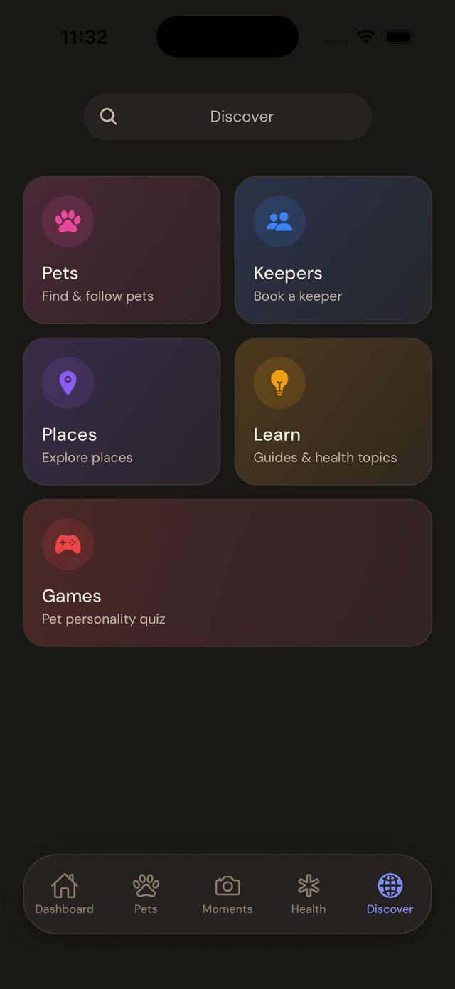 Discover screen with Pets, Keepers, Places, Learn and Games