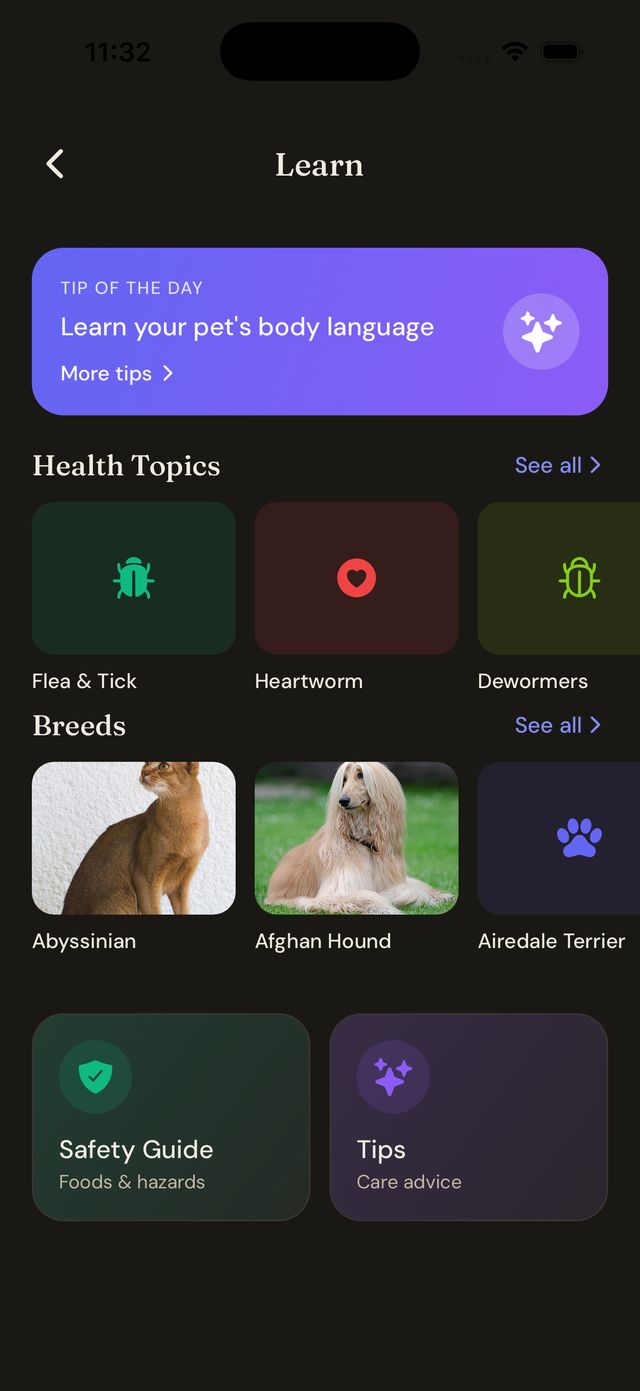 Learn screen with health topics and breed guides